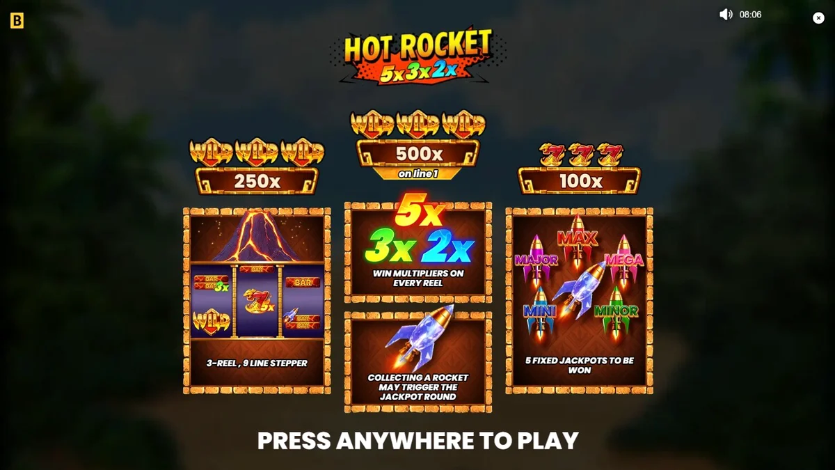 Hot Rocket 5x 3x 2x slot game interface na may temang bulkan