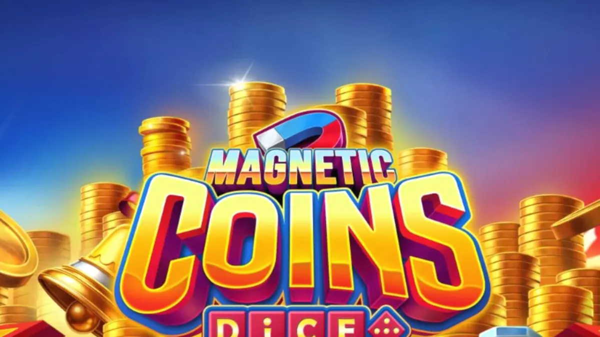 Magnetic Coins Dice slot game interface na may mga gintong barya at magnet symbols.