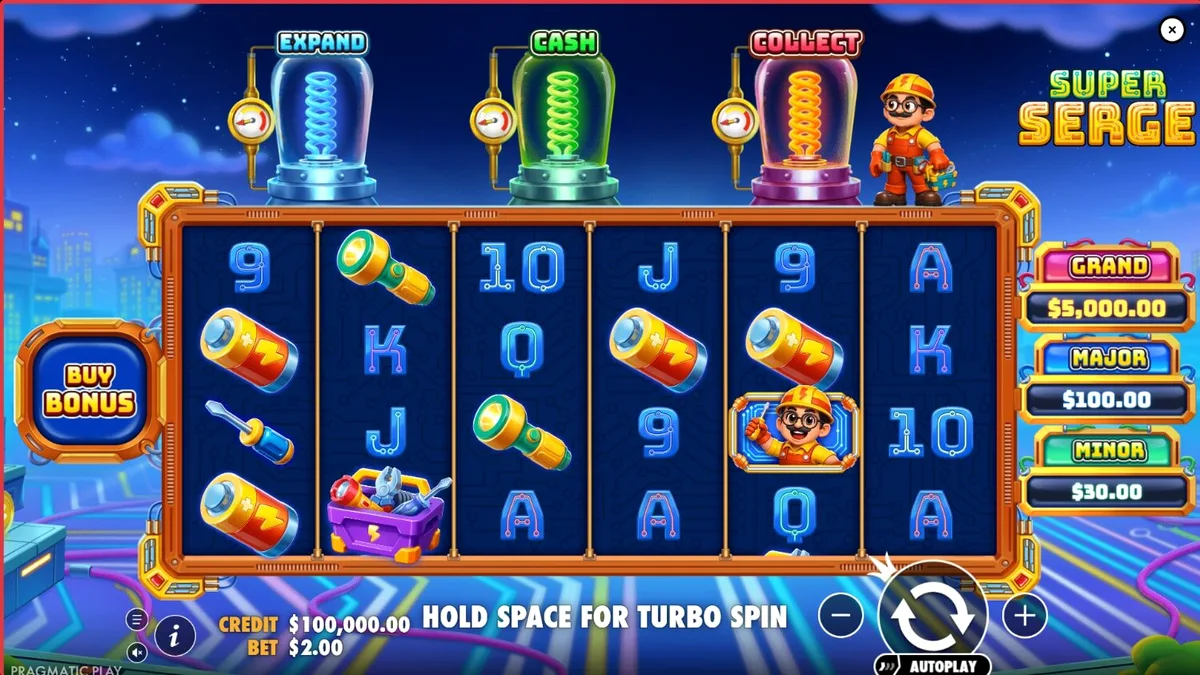 Futuristic neon slot machine interface ng Super Serge